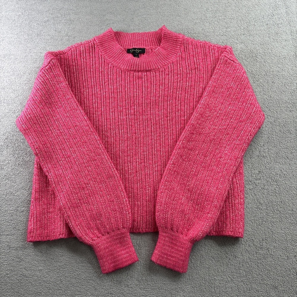 Jessica Simpson Ribbed Knit Cropped Mock Neck Sweater – Women's Size L– Hot Pink - Picture 7 of 13